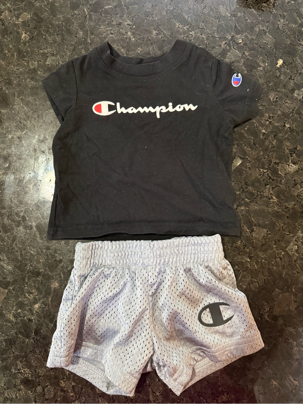 Champion Black Logo T-Shirt & Light Gray Mesh Shorts Set